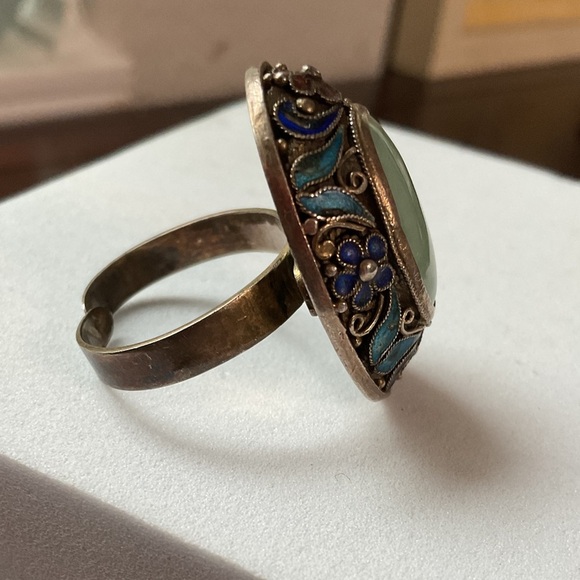 Vintage Chinese Export Jade Enamel Floral Adjustable Ring - Picture 6 of 13